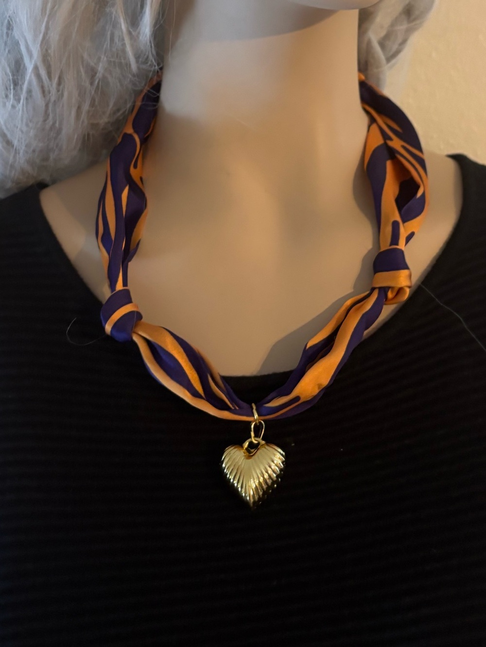 LSU Purple & Gold Tiger Stripe Ribbon Scarf Necklace with Gold Heart Pendant